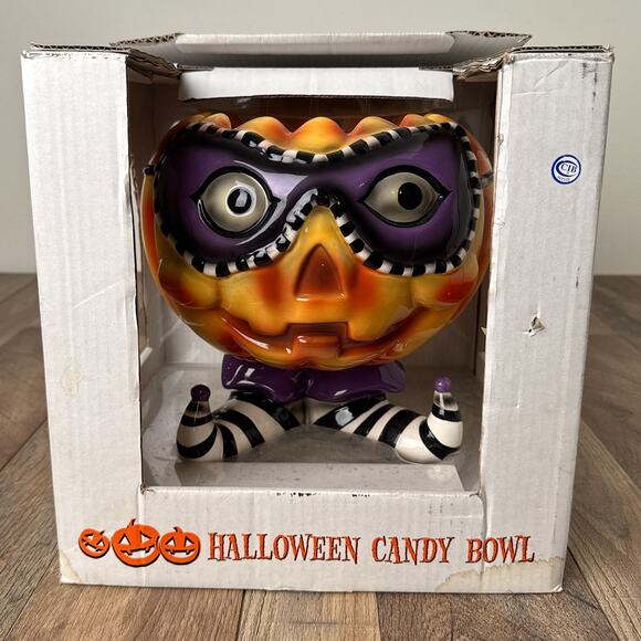 Masked Jack-O-Lantern Pumpkin Halloween Candy Bowl Vintage - Picture 1 of 9